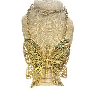 VINTAGE JULIANA D&E BUTTERFLY BIB NECKLACE GOLD FILIGREE GLASS STONE STATEMENT